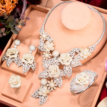 Soramoore Luksus Blomstre Blomster 4STK Halskæde Smykker sæt Til Kvinder Bryllup Cubic Zircon CZ Afrikanske Dubai Brude Smykker Sæt