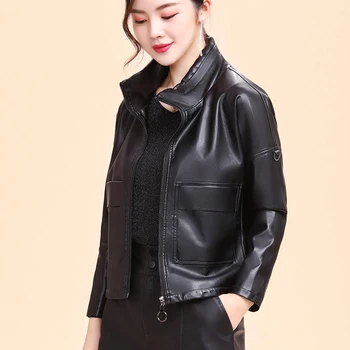 Sort PU læder jakke kvinder 2020 foråret efteråret nye koreanske version af løs værktøjsholder-stil motorcykel læder jakke korte pels