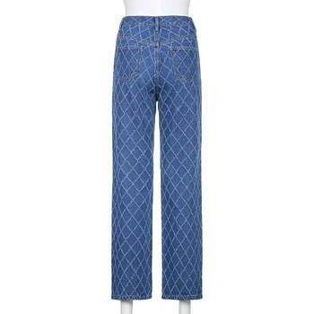Stilfuld Argyle Lige Blue Jeans Til Piger Kvindelige NiceVintage Denim Bukser Til Kvinder Højtaljede Bukser Harajuku Vogue