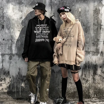 Streetwear Hiphop Hoodie Mænd, Sweatshirts Kvinder Breve Udskrive Vasket Med Halskæde Løs Hooded Pullover Bomuld Overdimensionerede Hættetrøje