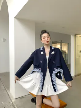 Suit-Frakke Foråret Efteråret Kvinder Løs Vintage Pynt Dobbelt Breasted Uregelmæssige Navy Blazer Koreanske Elegant Kort Jakke 9911
