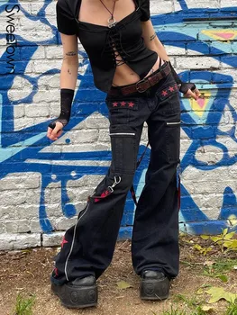 Sweetown Mørke den Akademiske verden Goth Jeans Bånd Patchwork Punk Techwear Lommer Grunge Cargo Bukser Kvinde, Lav Talje Y2K Denim Bukser