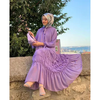 Sydøstasien Chiffon Kjole Tyrkisk Malay Indonesiske Muslimske Kvinder Lang Kjole Casual Mode Sløjfeknude Krave Flæsekanter Draperet Design