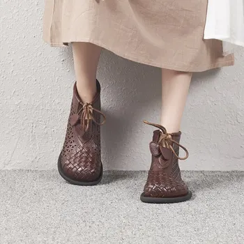 TOTOMELA 2020 ægte læder støvler kvinder retro sko kniplinger op komfortable vævning flade støvler casual damer ankel støvler kvindelige