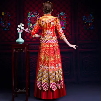 Traditionel kinesisk Kjole qipao Rød langærmet Bryllup Broderi Orientalsk Bryllup Kjoler kjoler Robe orientale vestido chino