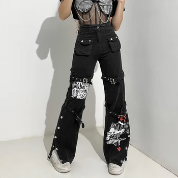 Trendy Punk, Gothic Graffiti Cargo Jeans Kvinder Bred Ben Lige Bukser Snap-Knap Harajuku Denim Bukser Side Slids Hipsters
