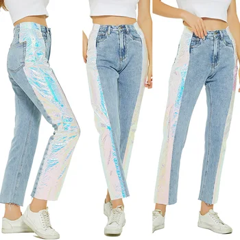 Trendy dametøj Løs Kærester' Style Jeans Kvinder ' s Bukser Splejsning Lysende Fantasi Farve Klud Høj Talje Ni Point Jean