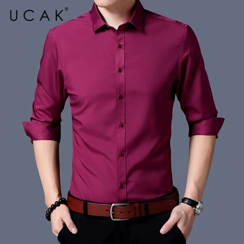 UCAK Mærke Streetwear Bomuld Skjorte for Mænd Tøj Foråret Efteråret Nye Ankomst Afslappet Tur-down Krave Solid Farve Shirts Homme U6159