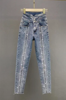 Varm Boring Knapper Dekoration Mode Jeans til Kvinder 2021 Foråret Bomuld Elastisk Høj Talje Slankende Tynde Denim Bukser