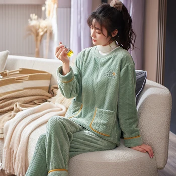 Varm Skjorte Pyjamas Sæt Vinteren Kvinder, To-delt Pyjamas Sæt Brev Print Kvindelige Nattøj Hjem Tøj til Kvinder Pyjamas, der Passer 3XL