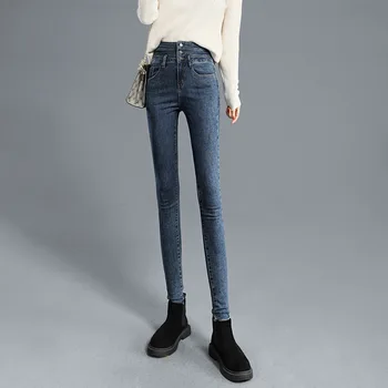 Varm Vinter Jeans Kvinder Tre Knap Stramme Taljen Design, Høj Talje, Stretch Damer Skinny Jeans Kvinder Tykkere Fleece Bukser