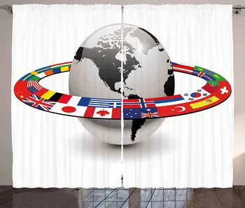 Verden Mørklægningsgardiner Jorden Planeten med Bane Lavet af Nationale Flag Internationale Sammensætning Lande Vindue Gardin