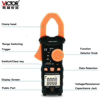 Victor VC6056D Digital Clamp Meter Multimeter AC/DC-Strøm-Spænding, Modstand Amperemeter Tester 600A 32mm Kæbe med Sort Taske