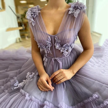Vinca Solrige Elegante Lavendel Differentieret Tyl Lange gallakjoler 2022 En Linje 3D Blomster-Gulvtæppe Længde Party Dight Robe De Femme-Aften