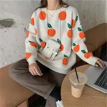 Vintage Orange Print Sweater Kvinder Koreansk Stil O-Hals Lange Sleeven Strikket Jumper Kvindelige Afslappet Varm, Oversize Pullover Smarte Top