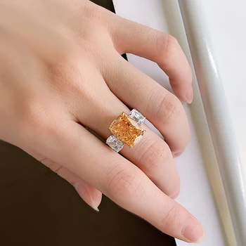 Vintage Ægte 925 Sterling Sølv 10*13mm Orange Topas High Carbon Diamant Part Kvinders Ringe, Charms Bryllup Fine Smykker Gave