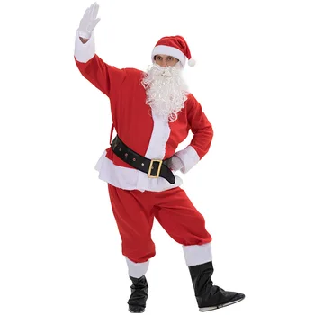 Voksen Santa Claus Kostume Plys Far Fancy Tøj Xmas Cosplay Rekvisitter Mænd frakke, bukser, handsker Skæg Bælte, Hat, sko Jul Sæt