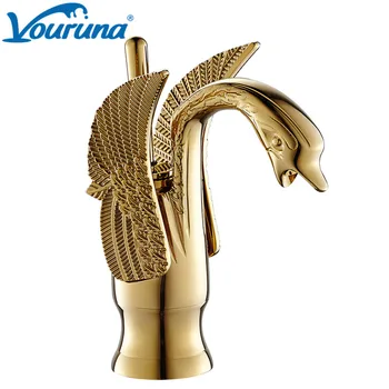 Vouruna Luksus Golden Massiv Messing Badeværelse Hane Swan Form Forfængelighed Håndvask Håndvask Mixer Dæk Monteret Varmt Og Koldt Blandingsbatteri