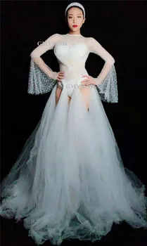 W43 Sanger, danser kostume fase bærer hvide perle mesh bodysuit se gennem efterfølgende kjole crystal lang nederdel dj buksedragt party