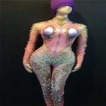 W58 Kvindelige pink 3d-print buksedragt pole dance dress fase kostume rhinestone body stretch pearl siamesiske fest slid tøj bar