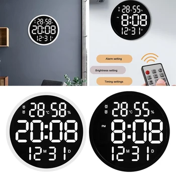 Wall Clock Digital, Runde Display Alarm Digital Ure til Soveværelse Home Decor, Kalender, Ur med Tid/Kalender/Temperatur