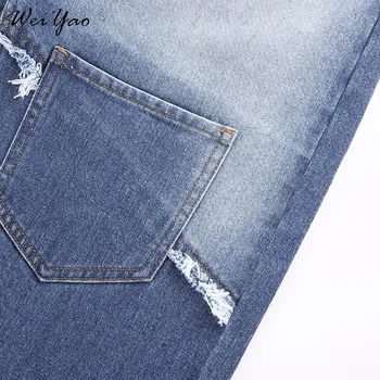 WeiYao Lommer Patchwork Streetwear Denim Bukser Kvinder Højtaljede Jeans Knapper Flyve Direkte Bukser Mode Damer Jean Efteråret