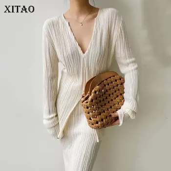 XITAO Vintage Strik Kjole Sæt Mode Stor V-hals Pullover Slim Nederdel To Stykke, der Passer Solid Farve Enkelhed Nye GWJ2524