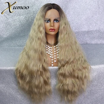 XUMOO Ombre Blonde Syntetiske Lace Front Wig Glueless Vand Bølge Cosplay Paryk varmeandige Syntetiske Parykker Til Kvinder Sort