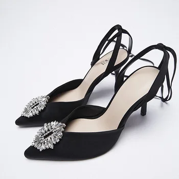 ZA sommeren nye kvinders sko sort rhinestone spids tå stropper slingback bryllup sko med høj hæl sandaler kvinder