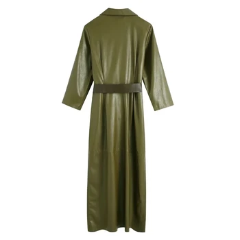 Za 2021 Kvinde Efteråret Grøn Imiteret læder skjorte Midi Kjole Kvindelige Afslappet langærmet Vintage Knap-up Party sexede Kjoler Vestidos