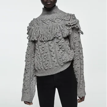 Za 2022 Kvinder Mock Hals Kvast Strikket Sweater Solid Langærmet Sweater Mode Varm Langærmet Jakker Casual Bløde Toppe