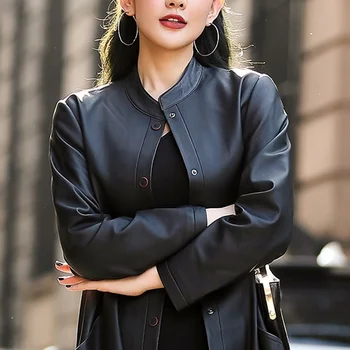 Ægte koreansk-stil læder jakker, lange, løse jakker med office lommer