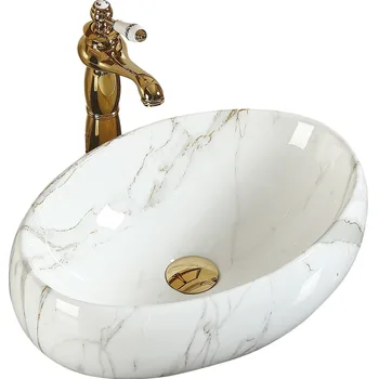 Øvre Bassin Keramiske Håndvask, Marmor Håndvask Art Håndvask Små Ovale Europæiske Retro 60x40cm
